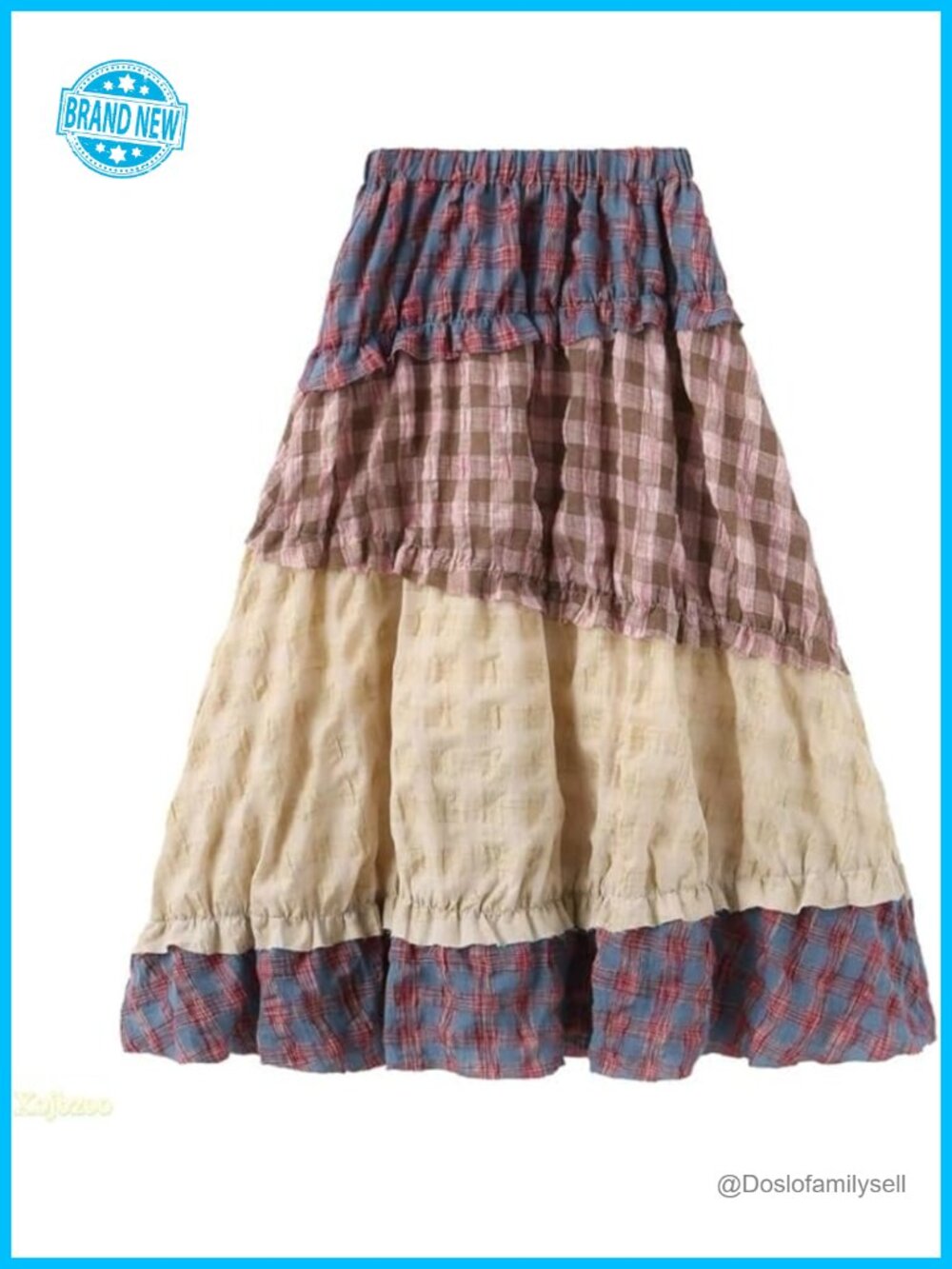 Patchwork Floral Midi Skirt High Waist A-Line Cotton Blend